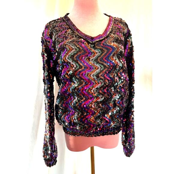 Vintage 80's Toppettes Full Sequined Pullover V-Neck Top Zig-Zag Pattern S - Picture 1 of 8